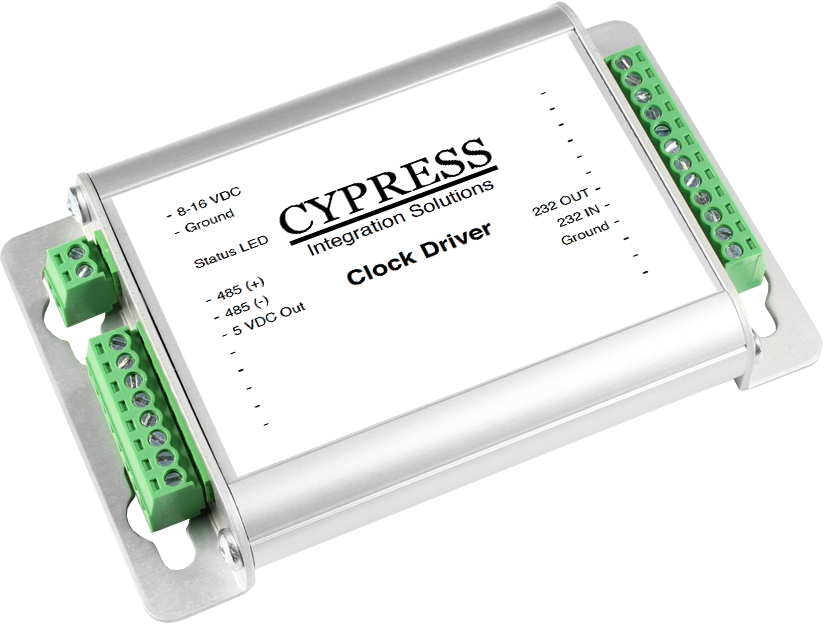 Time Display Driver - RS-232 panel interface, RS-485 Time Display interface. Supports CASI Micro 5 and Sensormatic ASCII Serial protocols. Durable aluminum housing. Requires 8 - 16 VDC. Overall dimensions of each unit: 4.50” x 2.90” x 1.00” (approx).
