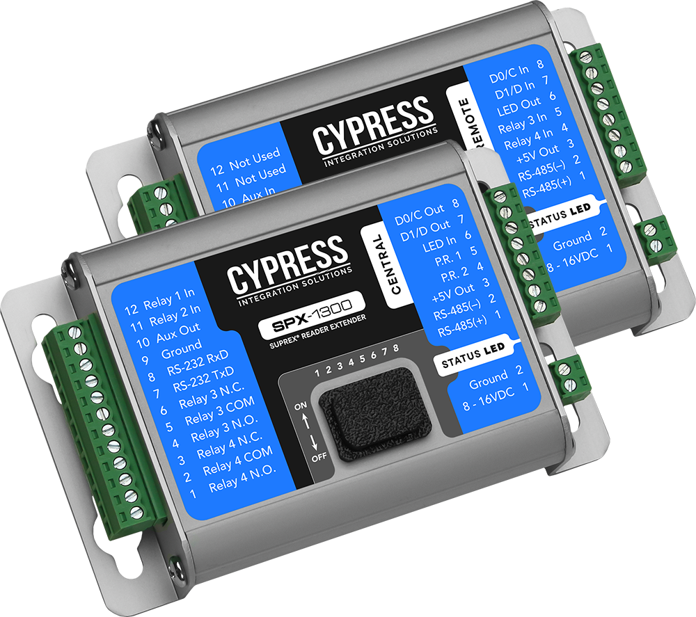 SUPREX Wired Wiegand Reader-Extender - RS-485 (twisted pair) communication link. Supports 4-248 bits. Includes Central and Remote units. Durable aluminum housing. Requires 8 - 16 VDC. Overall dimensions of each unit: 4.50” x 2.90” x 1.00” (approx).