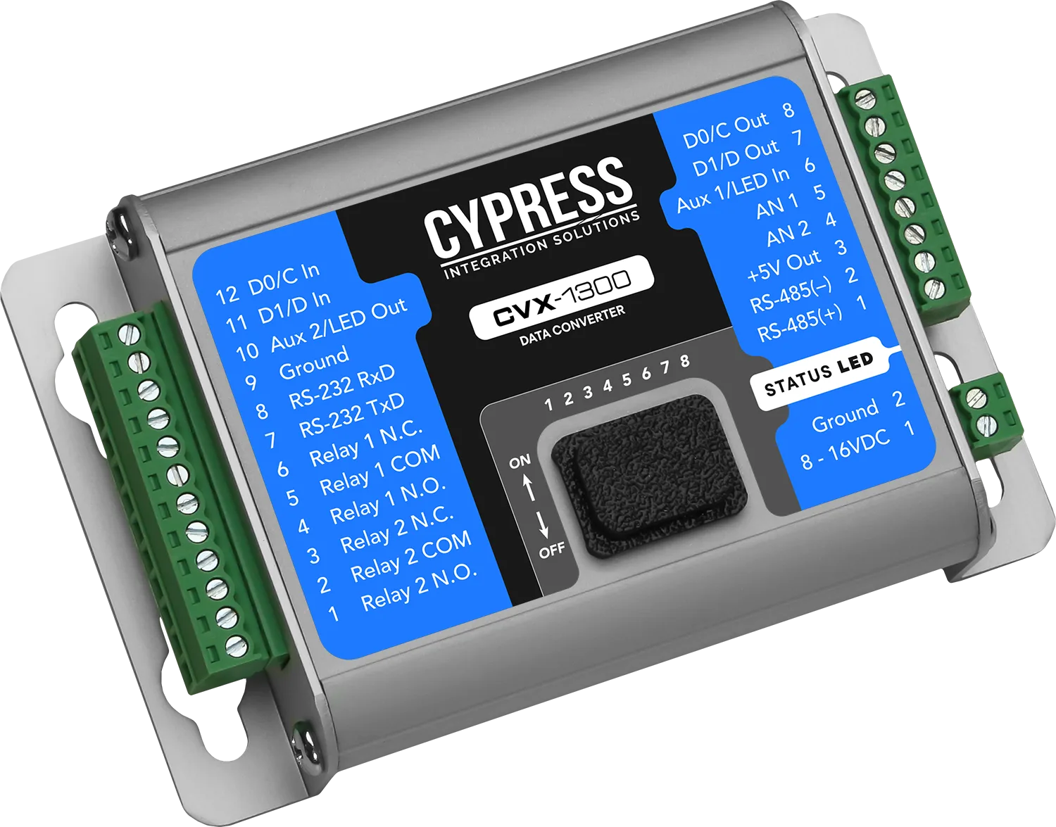 Data Format Converter - Contains preconfigured conversions, see manual for details: www.cypressintegration.com. Requires 8 - 16 VDC. Durable aluminum housing. Overall dimensions of unit: 4.50” x 2.90” x 1.00” (approx).