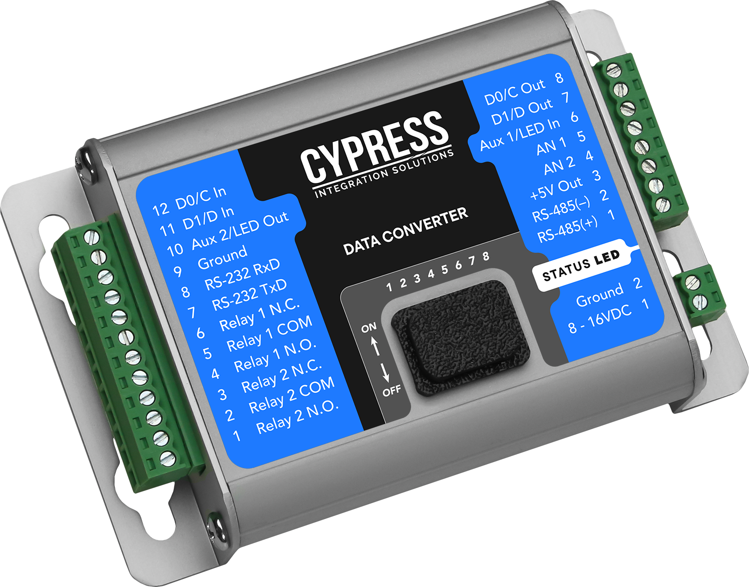 Data Format Converter - Contains special preconfigured conversions, see manual for details: www.cypressintegration.com. Requires 8 - 16 VDC. Durable aluminum housing. Overall dimensions of unit: 4.50” x 2.90” x 1.00” (approx).